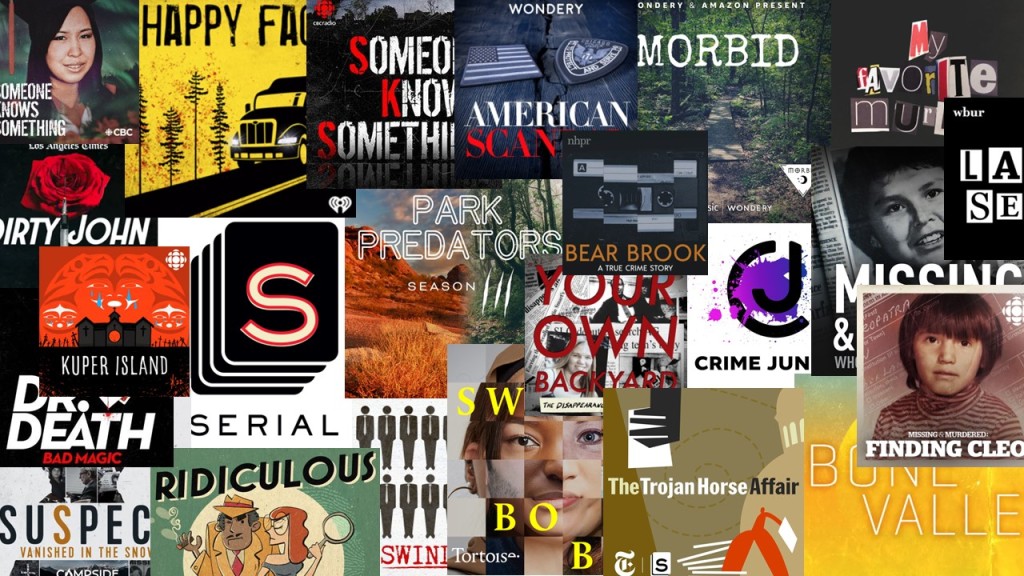 Collage of true crime podcast cover art.