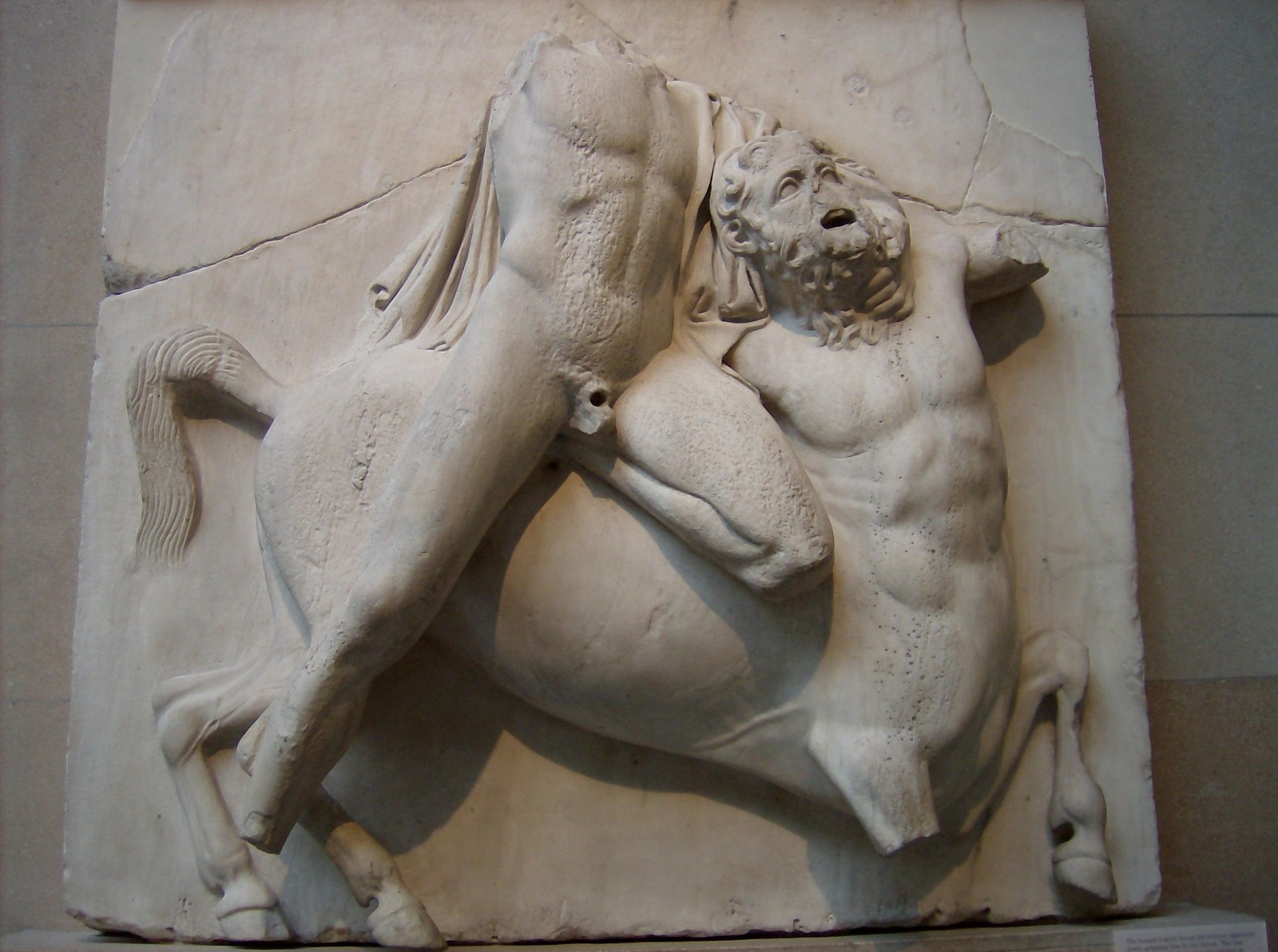 Marble high relief sculpture of a standing, naked Lapith and a bearded Centaur in chiastic pose.